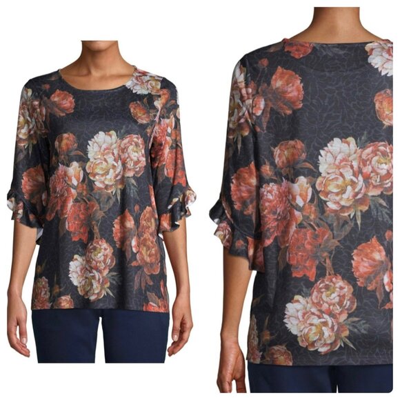 Time & Tru Ladies 3/4 Ruffle Sleeve Floral Flowy Sublimation Top SZ Medium - Picture 1 of 7